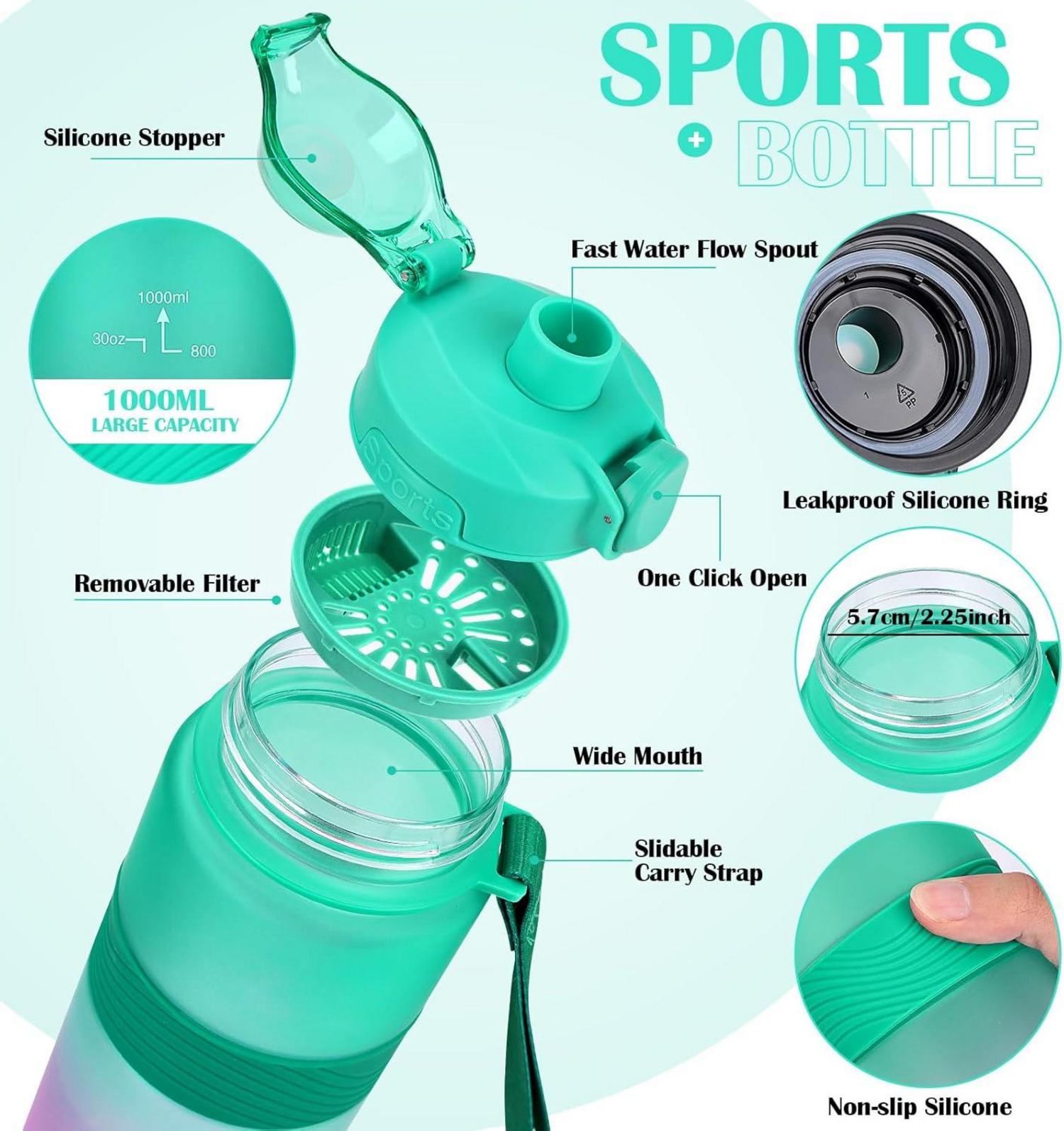 Sportliche BPA-freie Trinkflasche 1L Auslaufsicher Grün Rosa