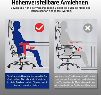 Gaming Stuhl Bürostuhl Ergonomisch Verstellbar mit Lenden- und Kopfkissen - Gepolstert - Wippfunktion - Bis 150 kg