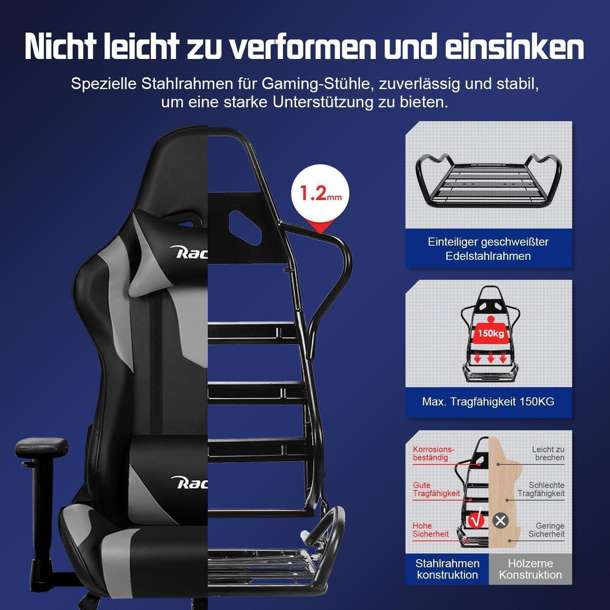 Gaming Stuhl Bürostuhl Verstellbar mit Lendenkissen Kopfkissen Armlehnen
