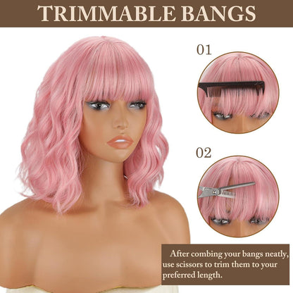 Rosa Bob Perücke mit Pony – Synthetisch, gewellt, Cosplay