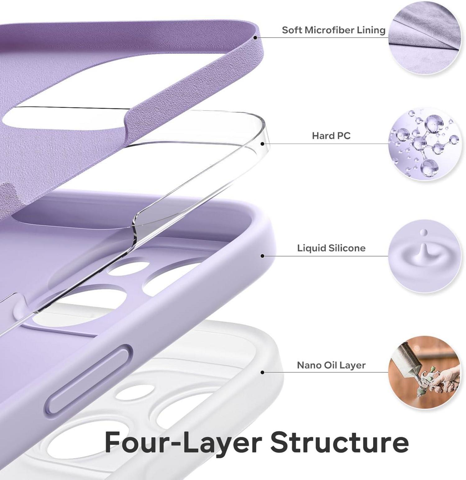 iPhone 15 Hülle Liquid Silicone Kameraschutz Blatt Schutzfolie - Pastell Flieder