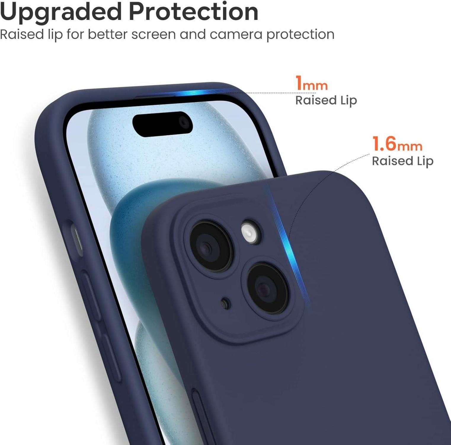 Handyhülle für iPhone 15 - Liquid Silicone Hülle mit Kameraschutz, Blatt Schutzfolie - Mitternachtsblau