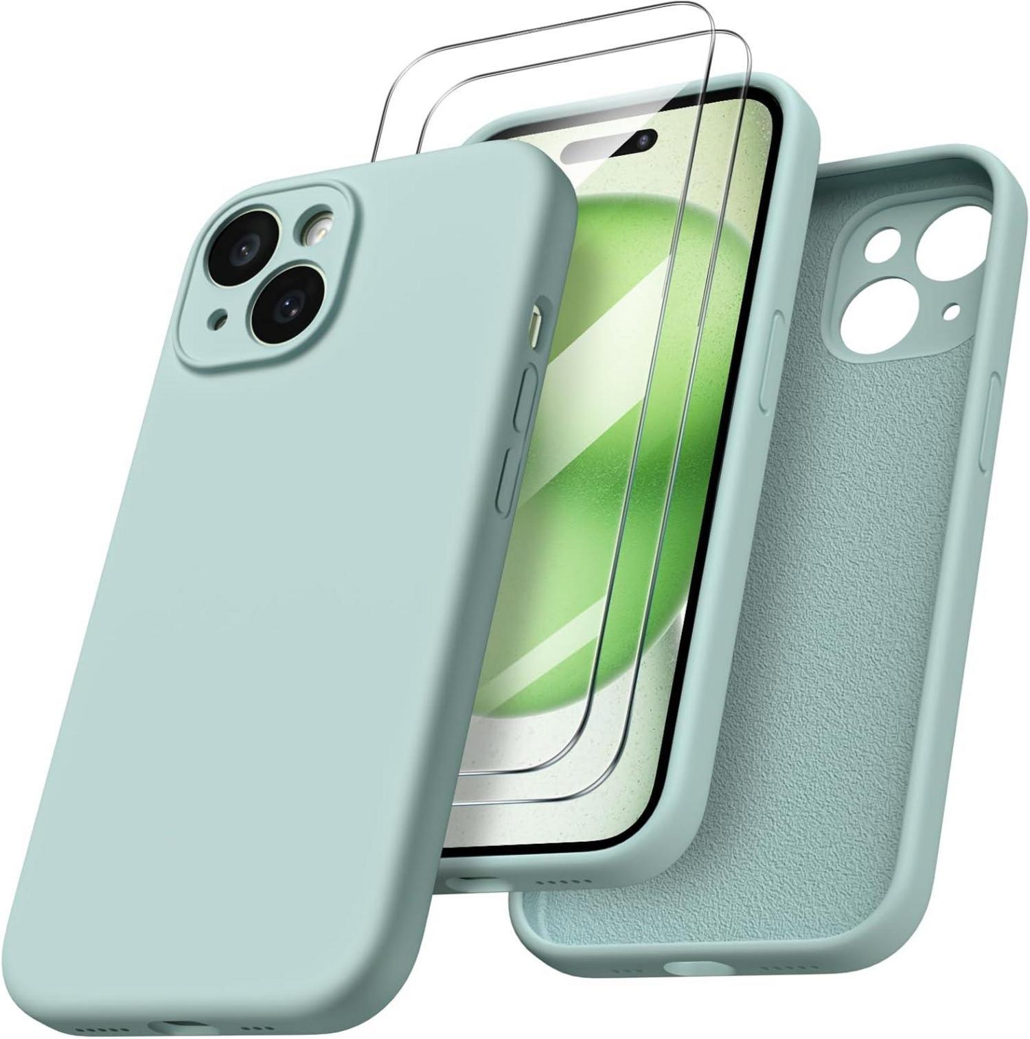 iPhone 15 Hülle mit Kameraschutz und Schutzfolien, flüssiges Silikon