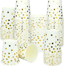 100 Stück 250ml Goldene Partybecher mit Punkten, Biologisch Abbaubar