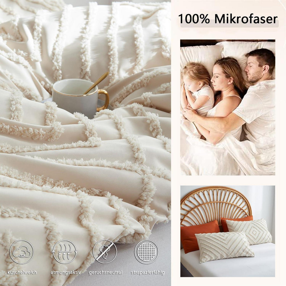 Beige Boho Bettwäsche-Set 220x240cm mit Getuftung