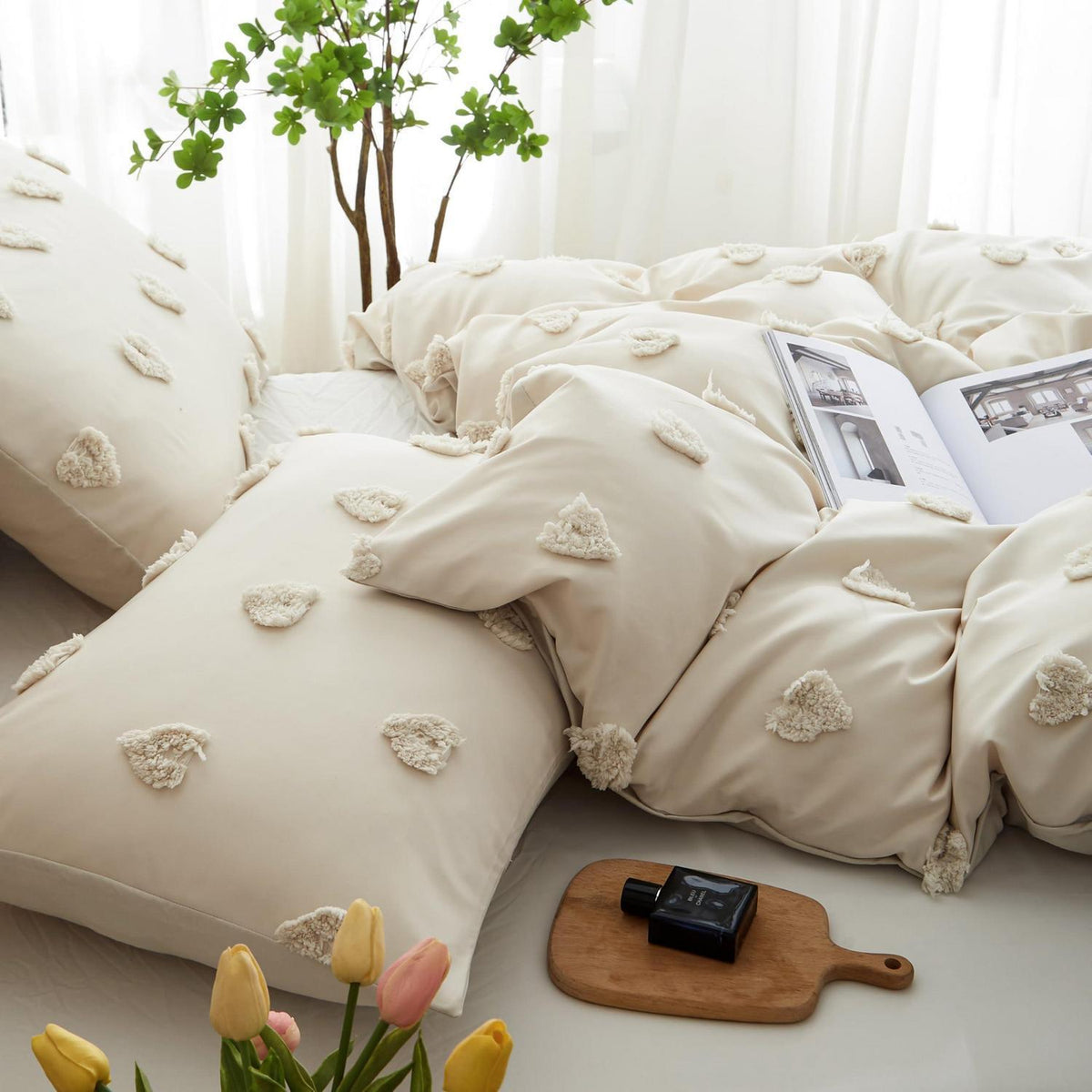 Boho Bettwäsche Set Beige Getuftet 135x200/80x80cm