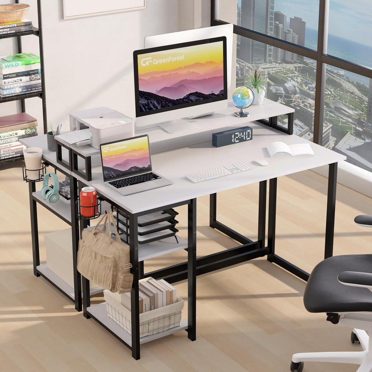 Schreibtisch Weiß 100x50 cm mit Regal, Monitorständer, Kleiner Sekretär