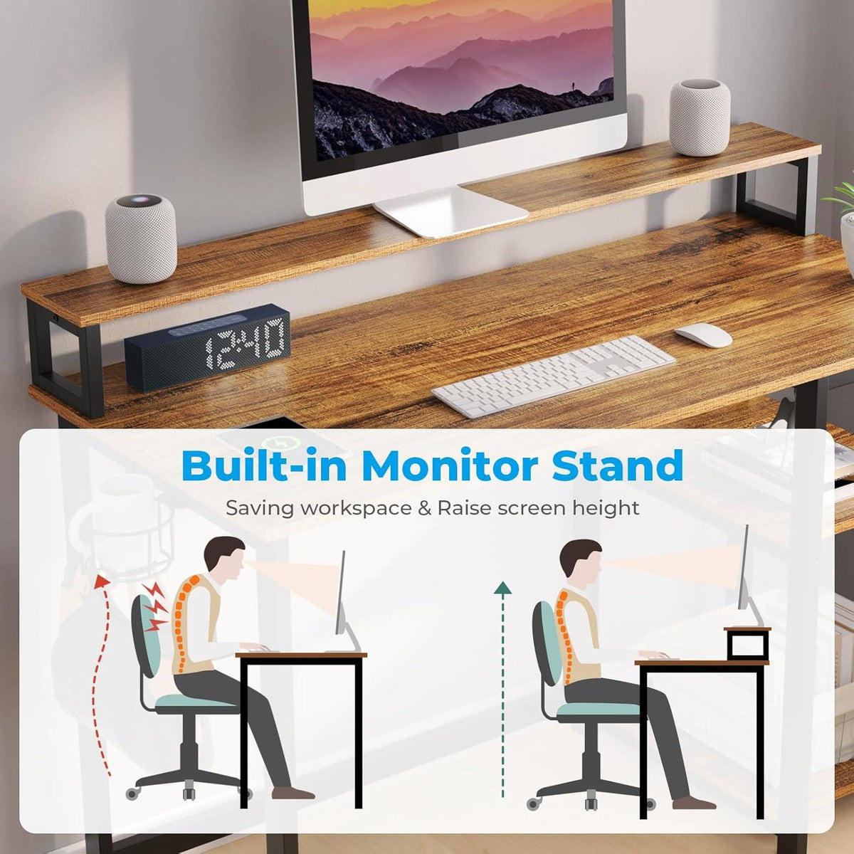 Schreibtisch 100x50 cm mit Regal, Monitorständer, Stauraum, Bürotisch, Braun