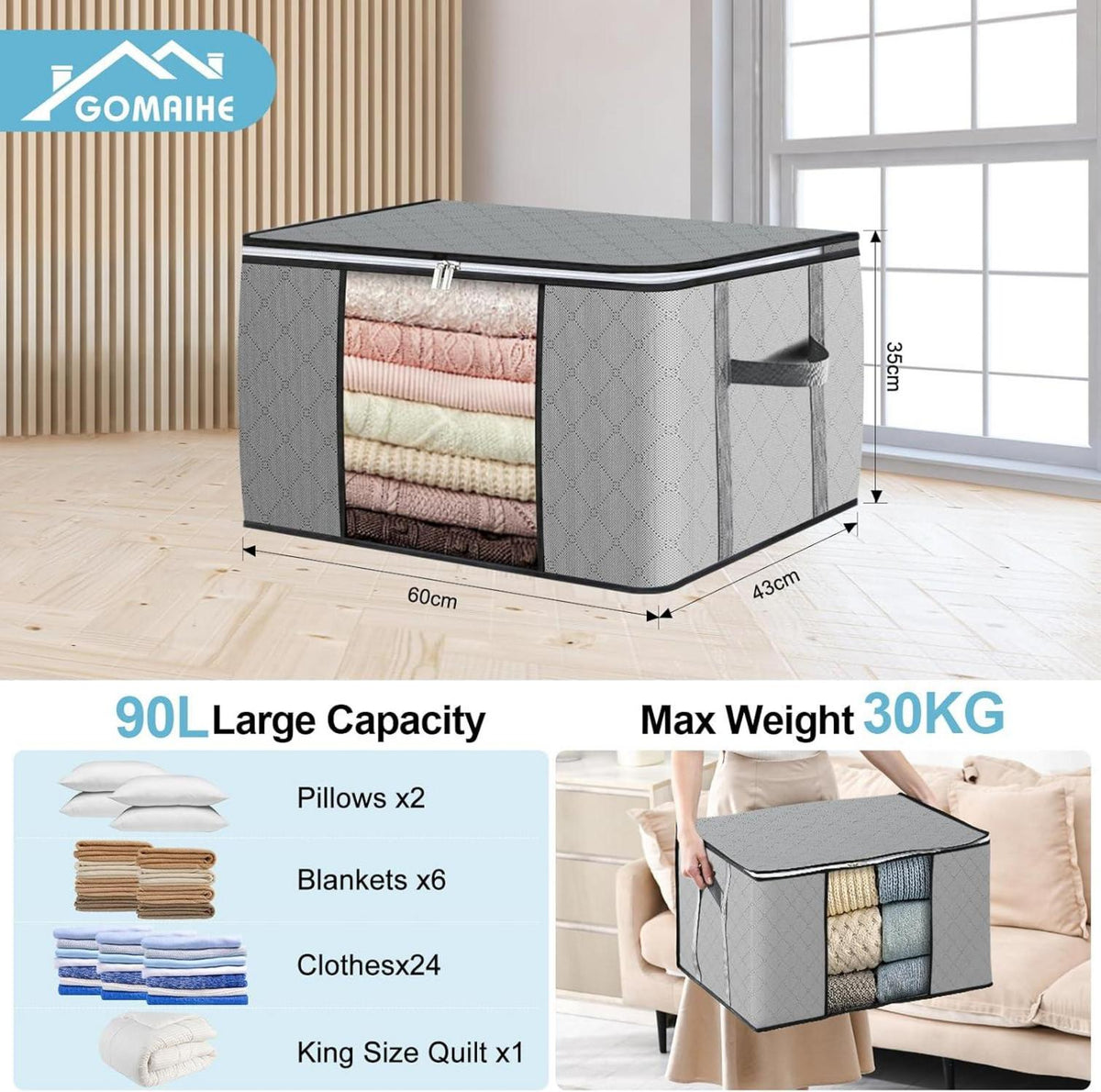 Aufbewahrungstasche 90L 8tlg. mit Deckel Grau Organizer Boxen