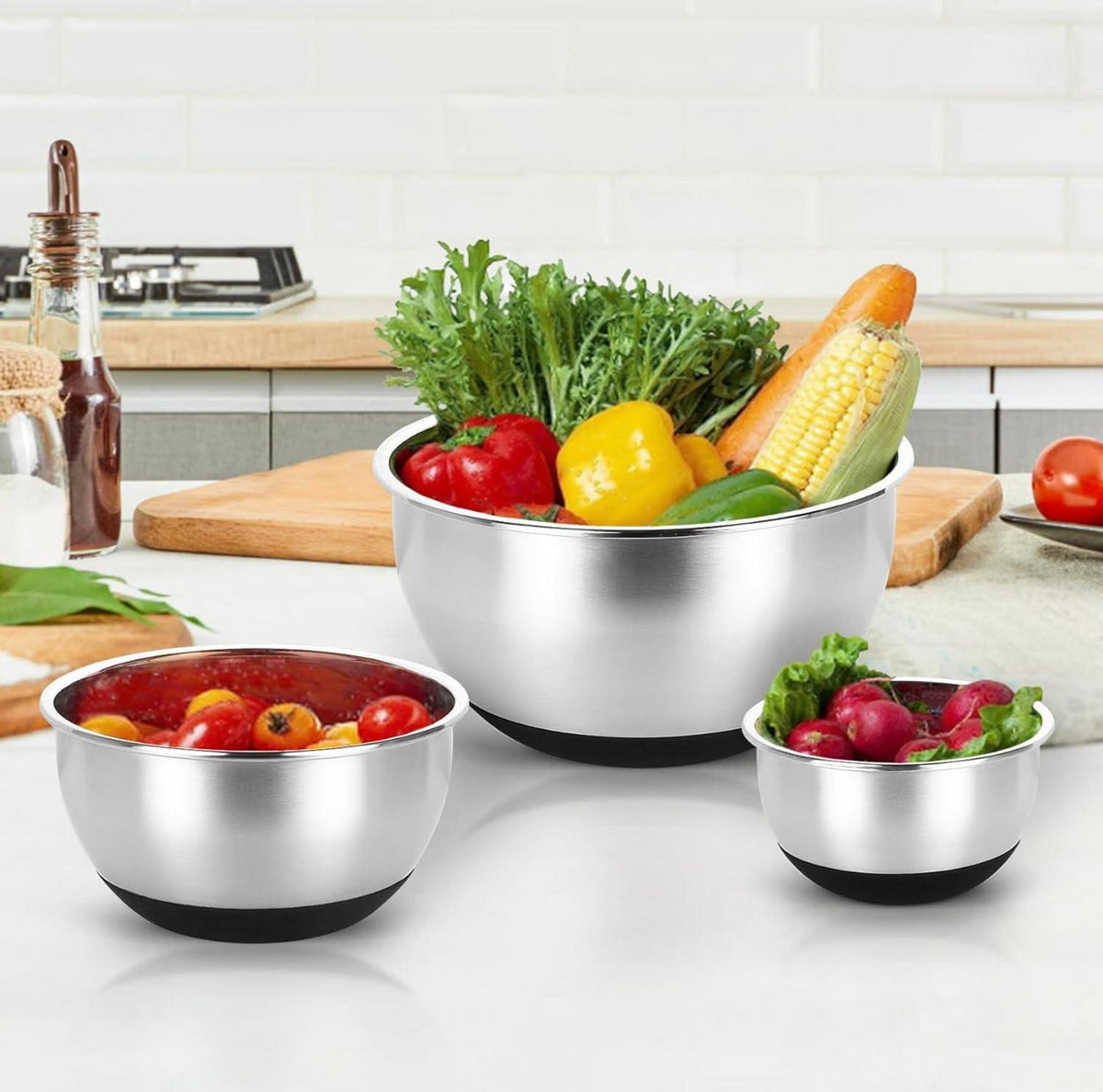 Edelstahl Schüssel Set, Salatschüssel mit Deckel, 3 Reibenaufsätzen, Rührschüssel Set
