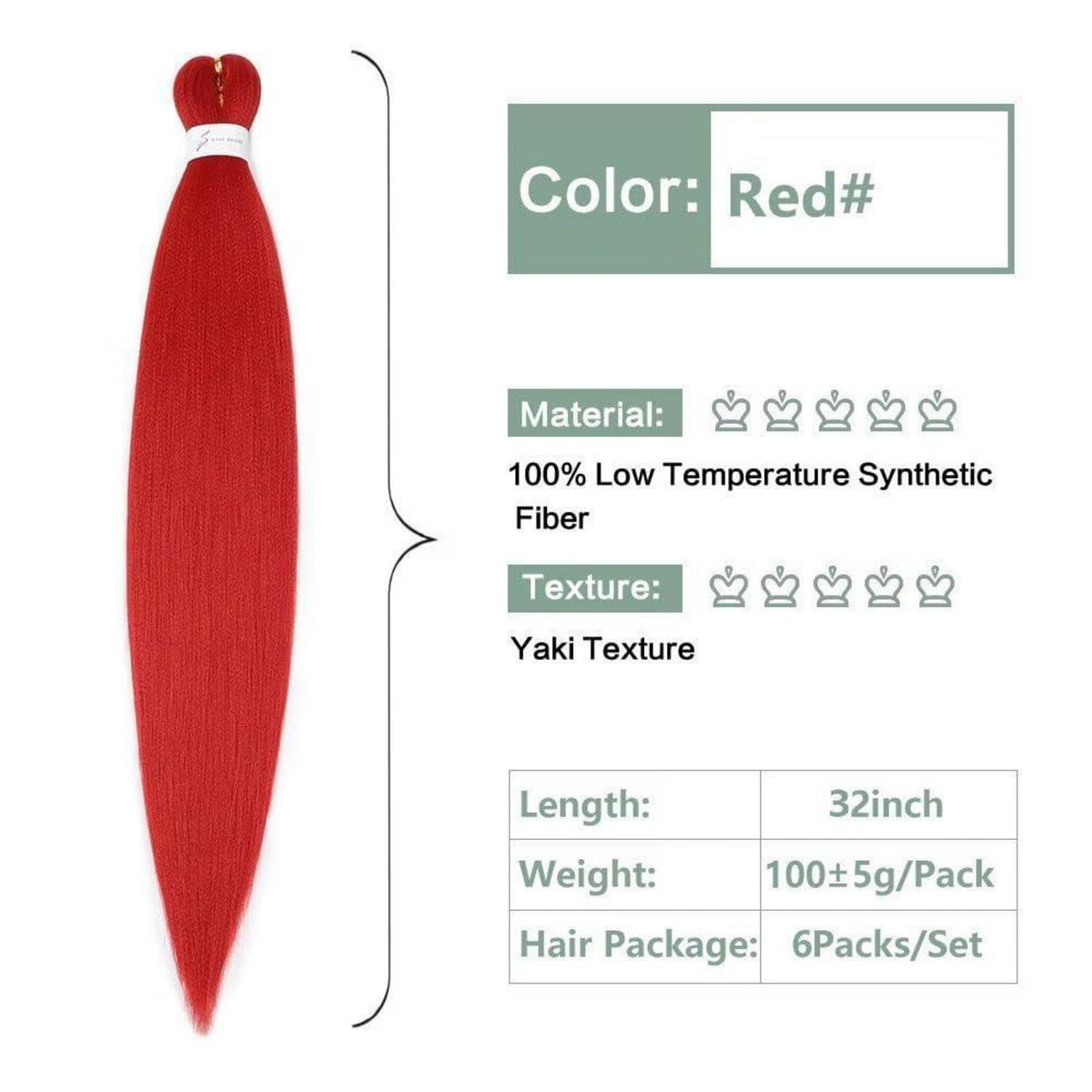 Vorgestreckte Zöpfe Kunsthaar 32 Zoll Rot (6er Pack)