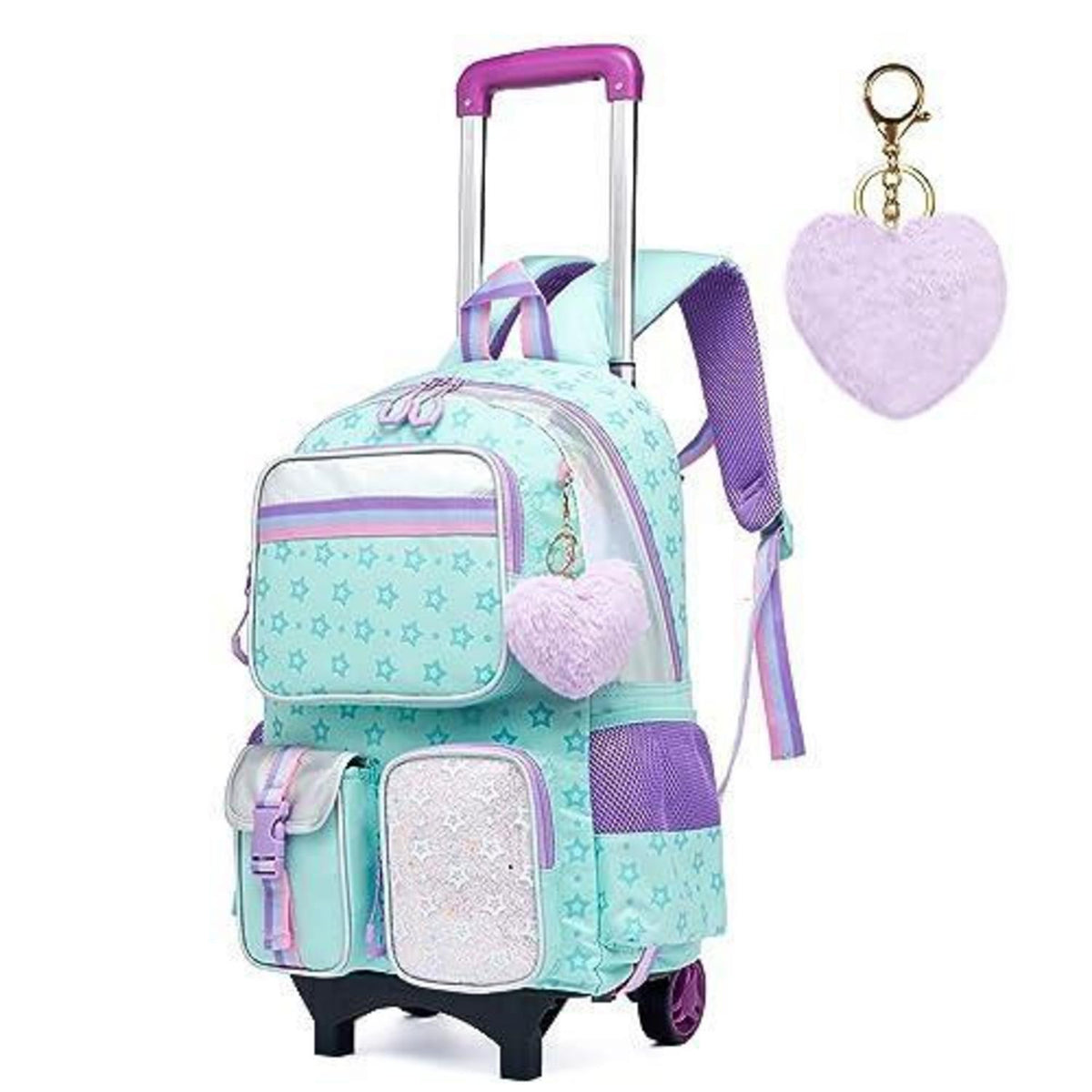 Kinder Trolley Rucksack mit Rädern – Schulranzen Mädchen Grün Pentagramm