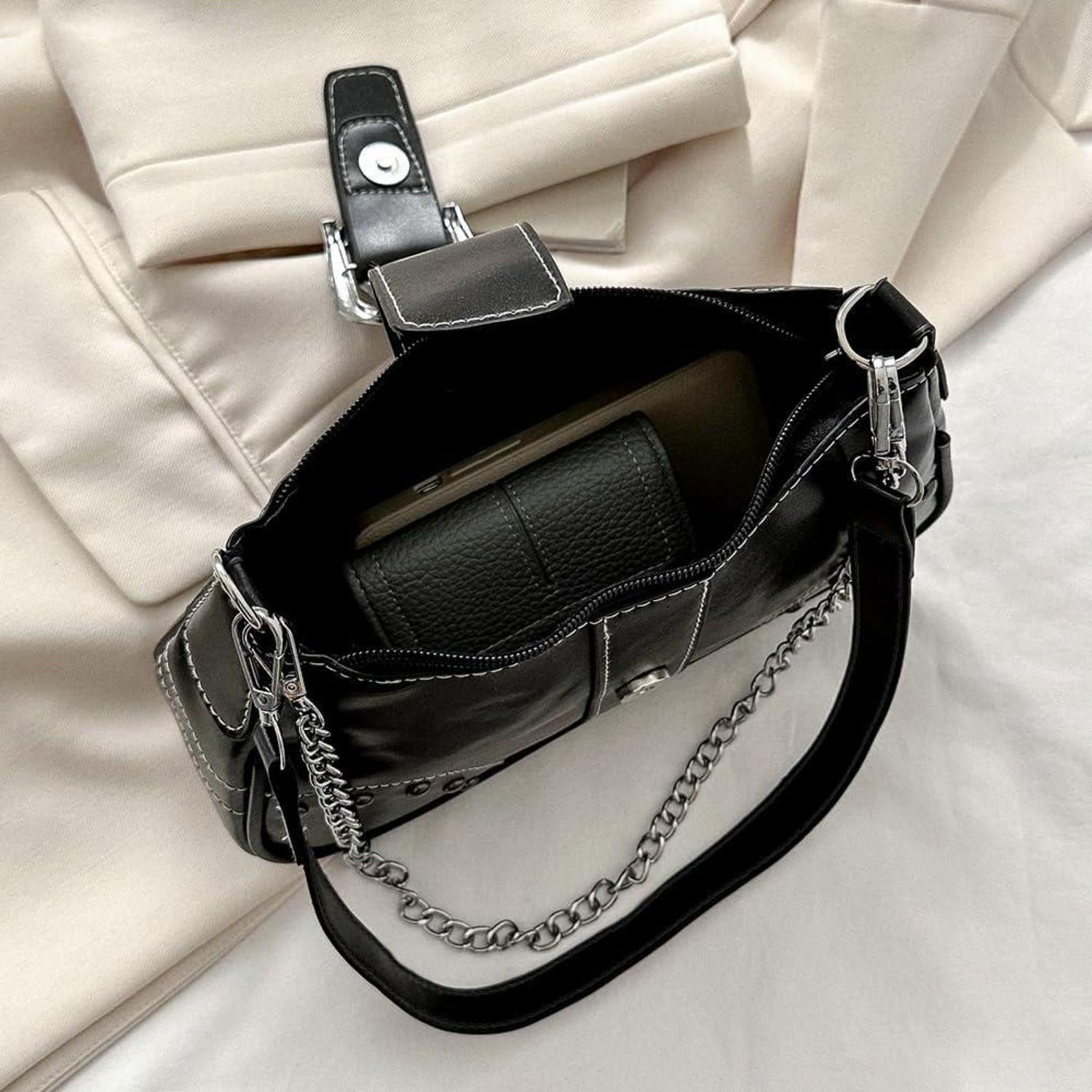 Schwarze Leder Umhängetasche Vintage Y2k Stil Hobo mit Reißverschluss
