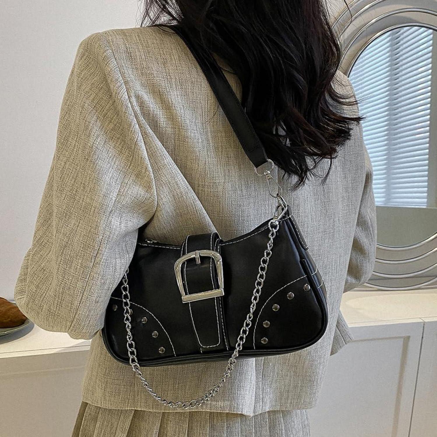 Umhängetasche Damen Klein Handtasche Leder Vintage Y2k Schultertasche Schwarz