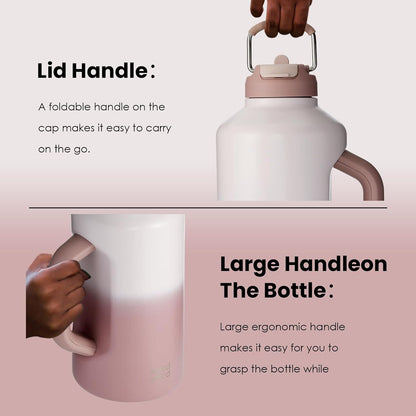 Isolierte Wasserflasche mit Strohhalm und doppeltem Deckel, 1,8 l - Rosa Farbverlauf