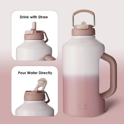 Isolierte Wasserflasche mit Strohhalm, doppeltem Deckel, 1,8 l - Rosa