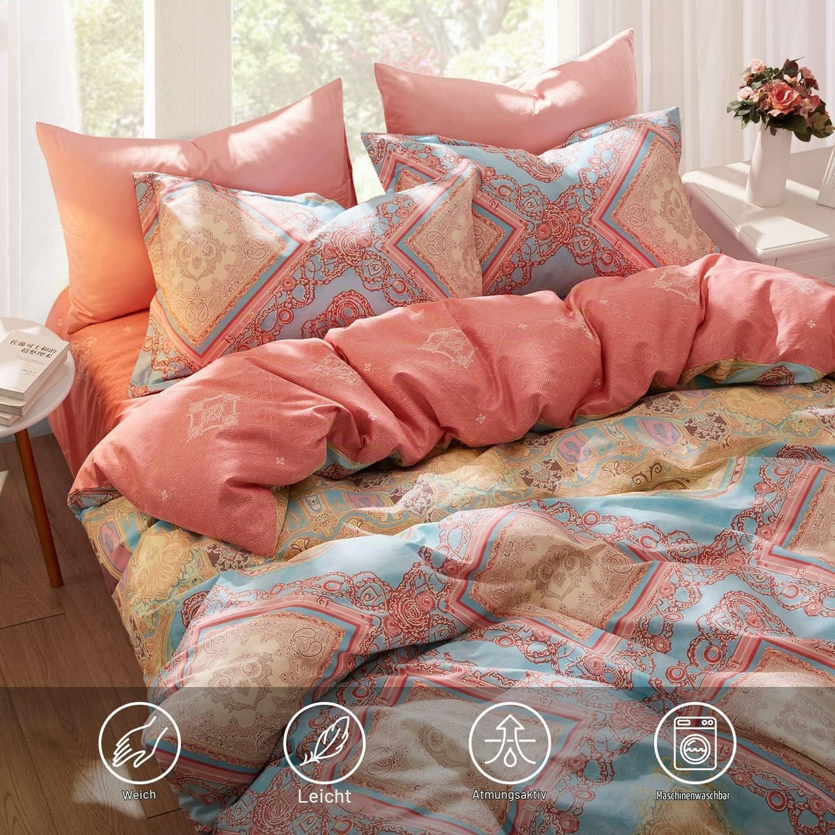 Rosa Bohemian Bettwäsche Set 200x220 cm - 3tlg. Boho Bettwäsche