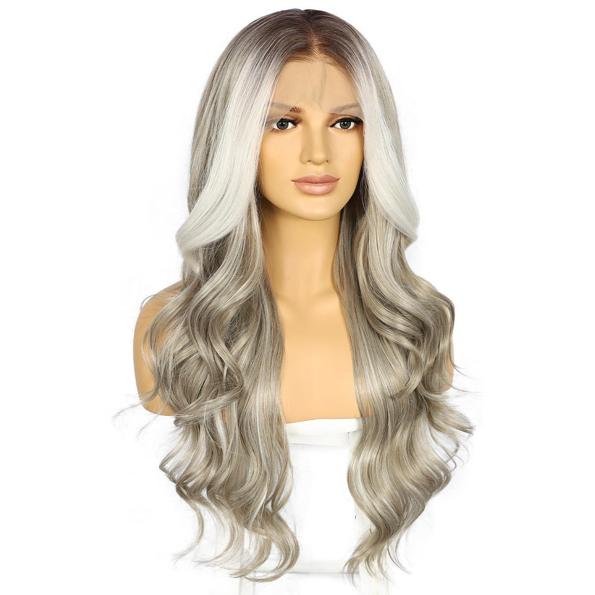 Graue Körperwelle Lace Front Perücke Synthetisch 26 Zoll