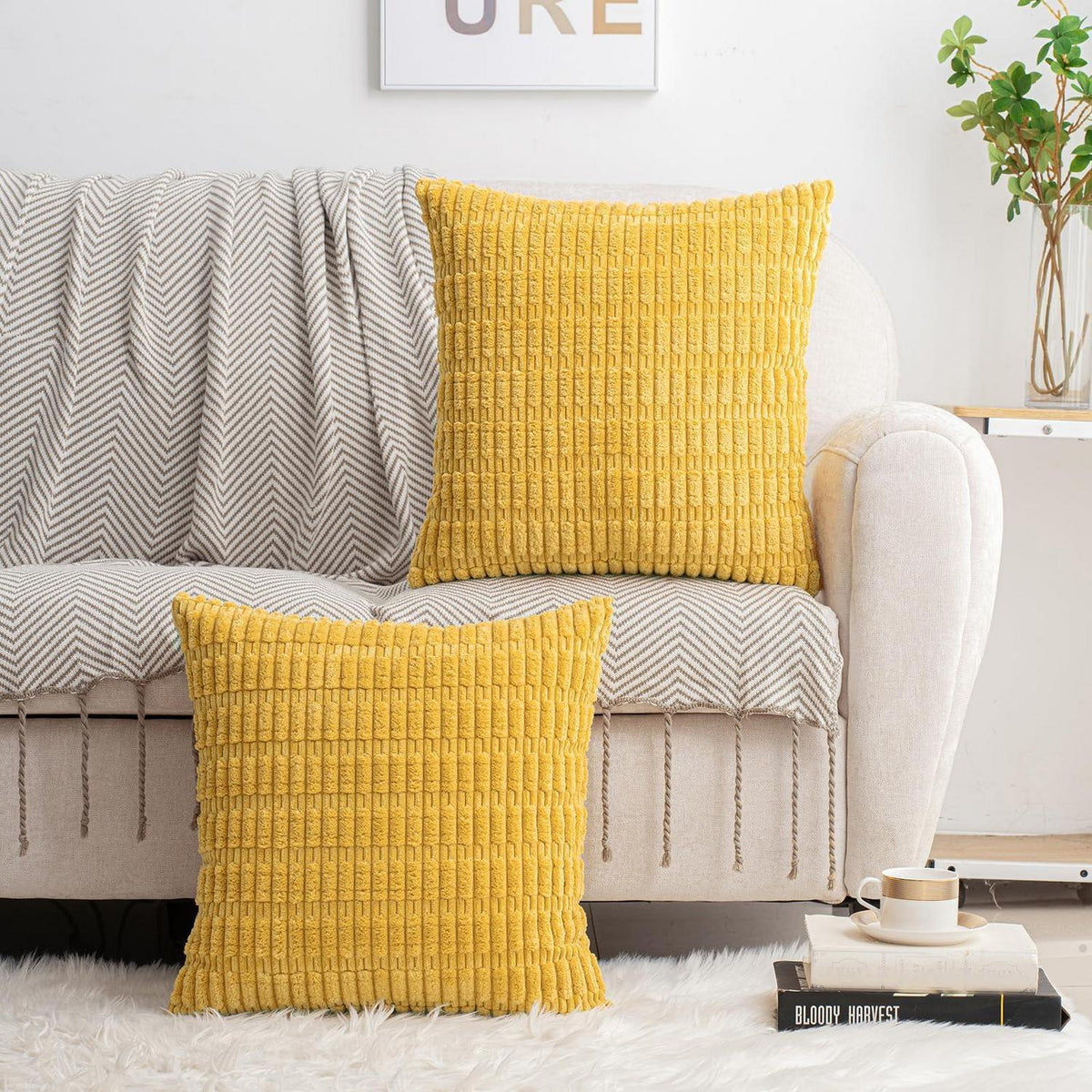 Cord Zierkissenbezug gestreift 40x40 cm Senfgelb 2er Set
