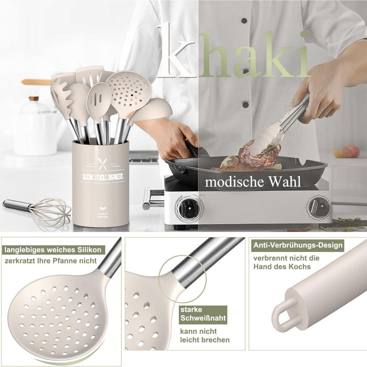 Küchenhelfer-Set 26-teilig Silikon Kochutensilien Antihaft Khaki