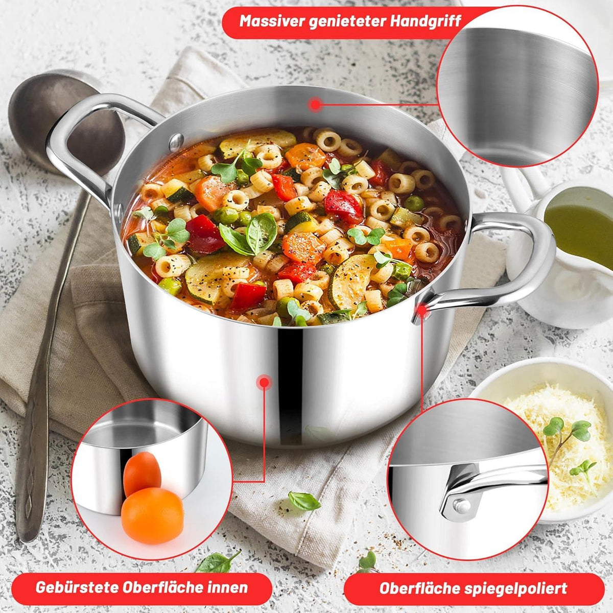 Herogo Edelstahl Kochtopf mit Glasdeckel Ø 20 cm für Induktion, 3,3 L, unbeschichtet, backofenfest