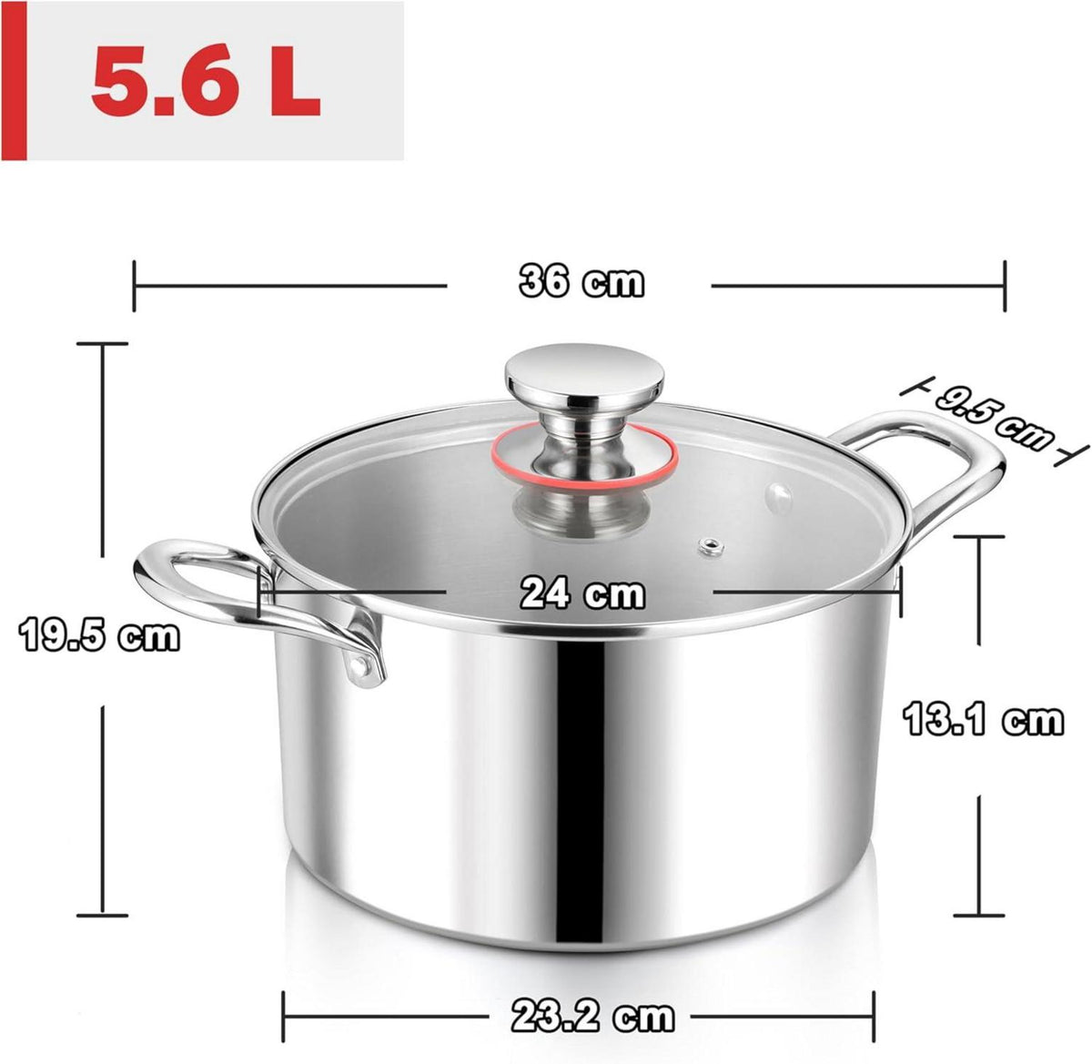 Edelstahl Kochtopf mit Glasdeckel, Ø 24 cm, 5,6 L - Gesund