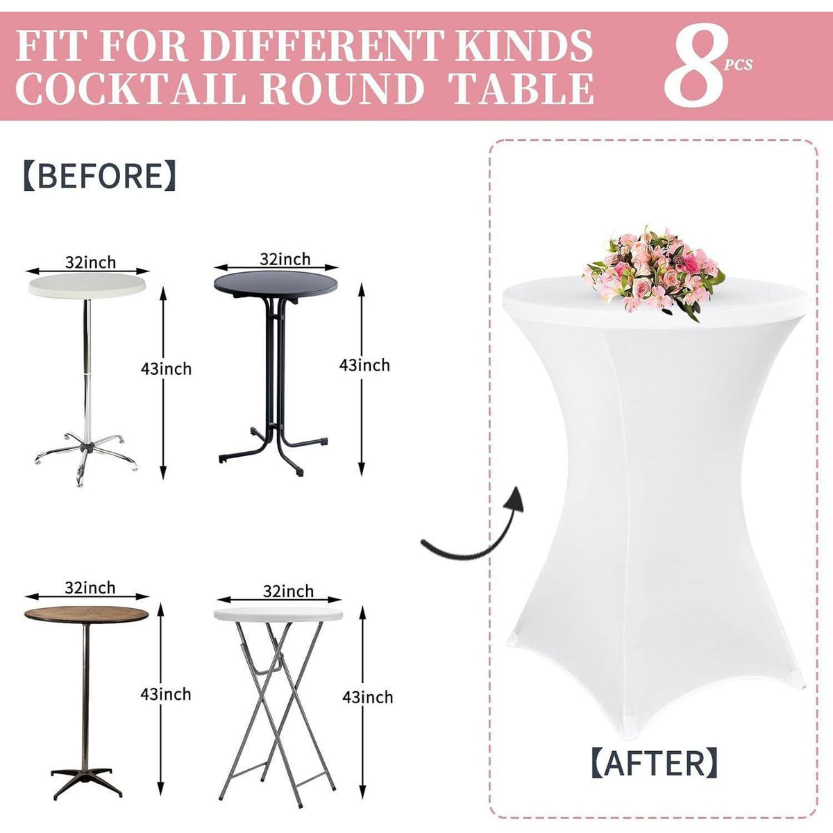 8er Set Stehtischhusse Weiß für Ø 80-85 cm, Stretch-Tischdecke mit Fußtaschen