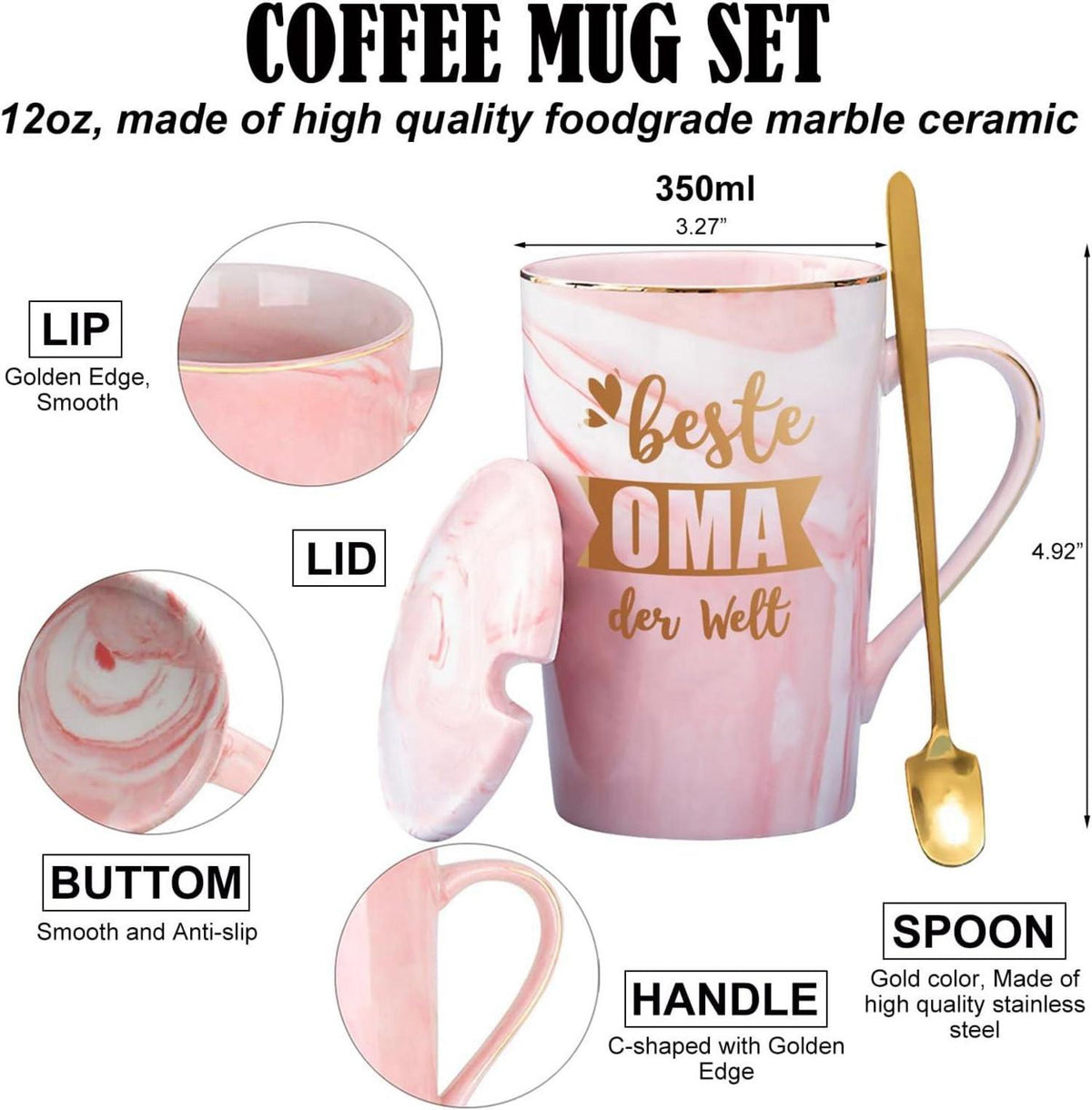 Oma Geschenk Tasse 'Beste Oma der Welt' mit Deckel Löffel in