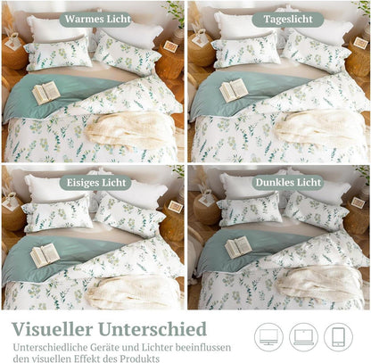 MILDLY Bettwäsche 135x200 Pflanzenmuster 4-teilig 100% Baumwolle Salbeigrün