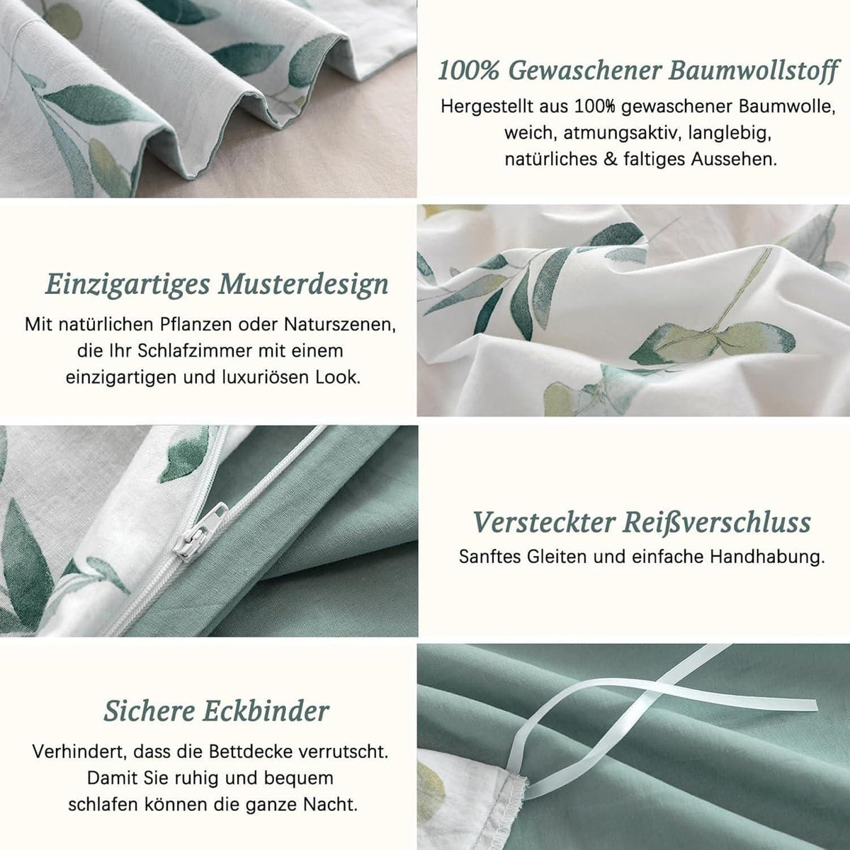 Bettwäsche 135x200 Pflanzenmuster 4 Teile Baumwolle Leinen Griffigkeit