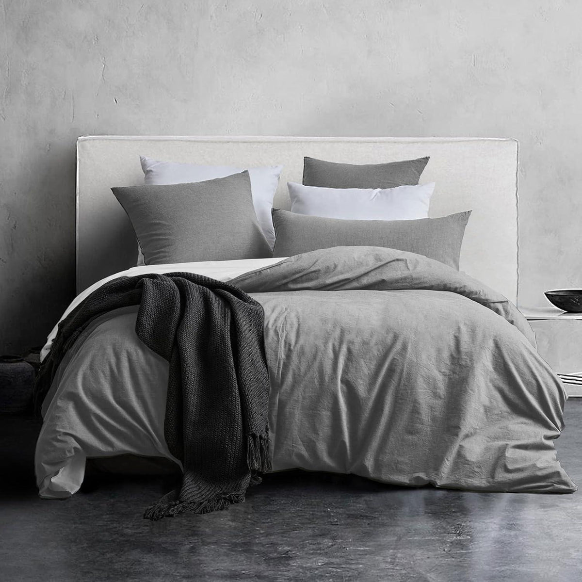 3tlg. Bettwäsche-Set Baumwolle Rauchgrau Stone Washed