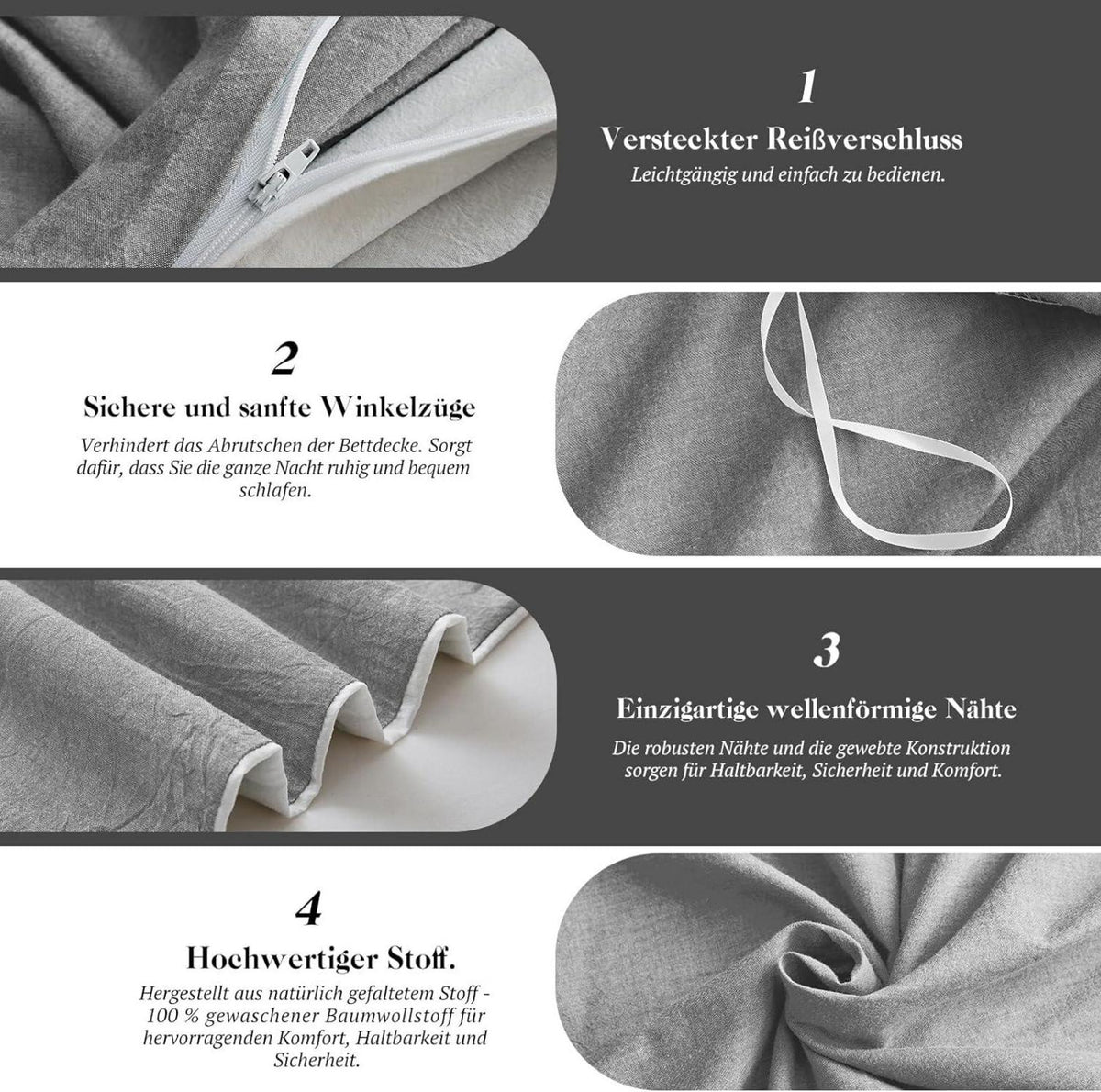 Bettwäsche Set 220x240 Rauchgrau 3tlg. Baumwolle Stone Washed