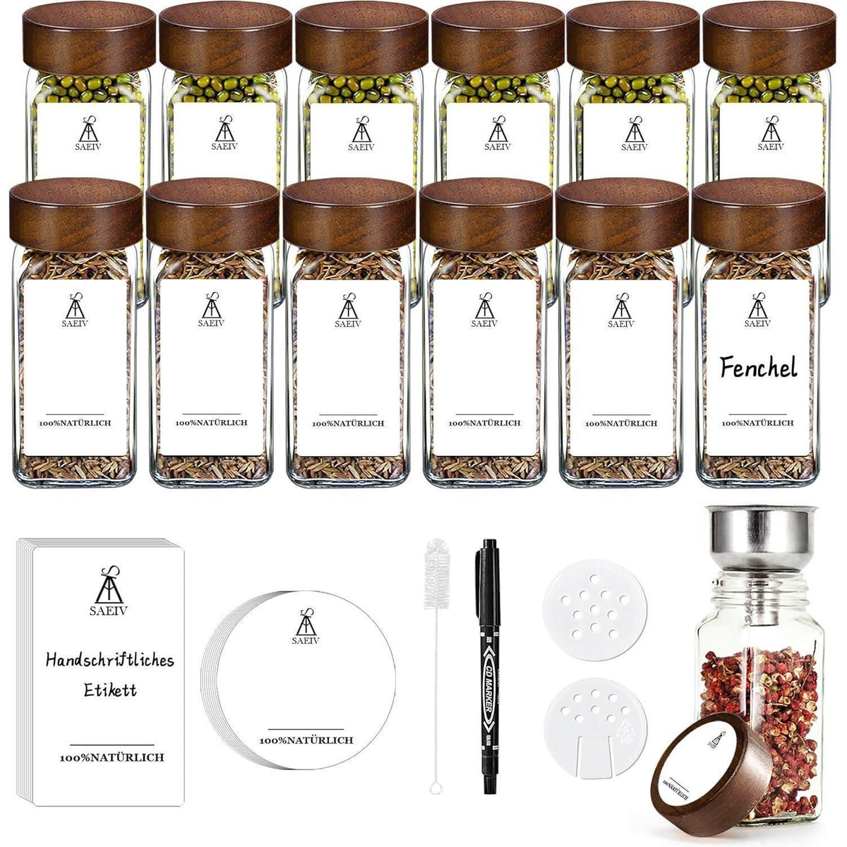 12er Set Gewürzgläser mit Akazienholzdeckel, 120ml