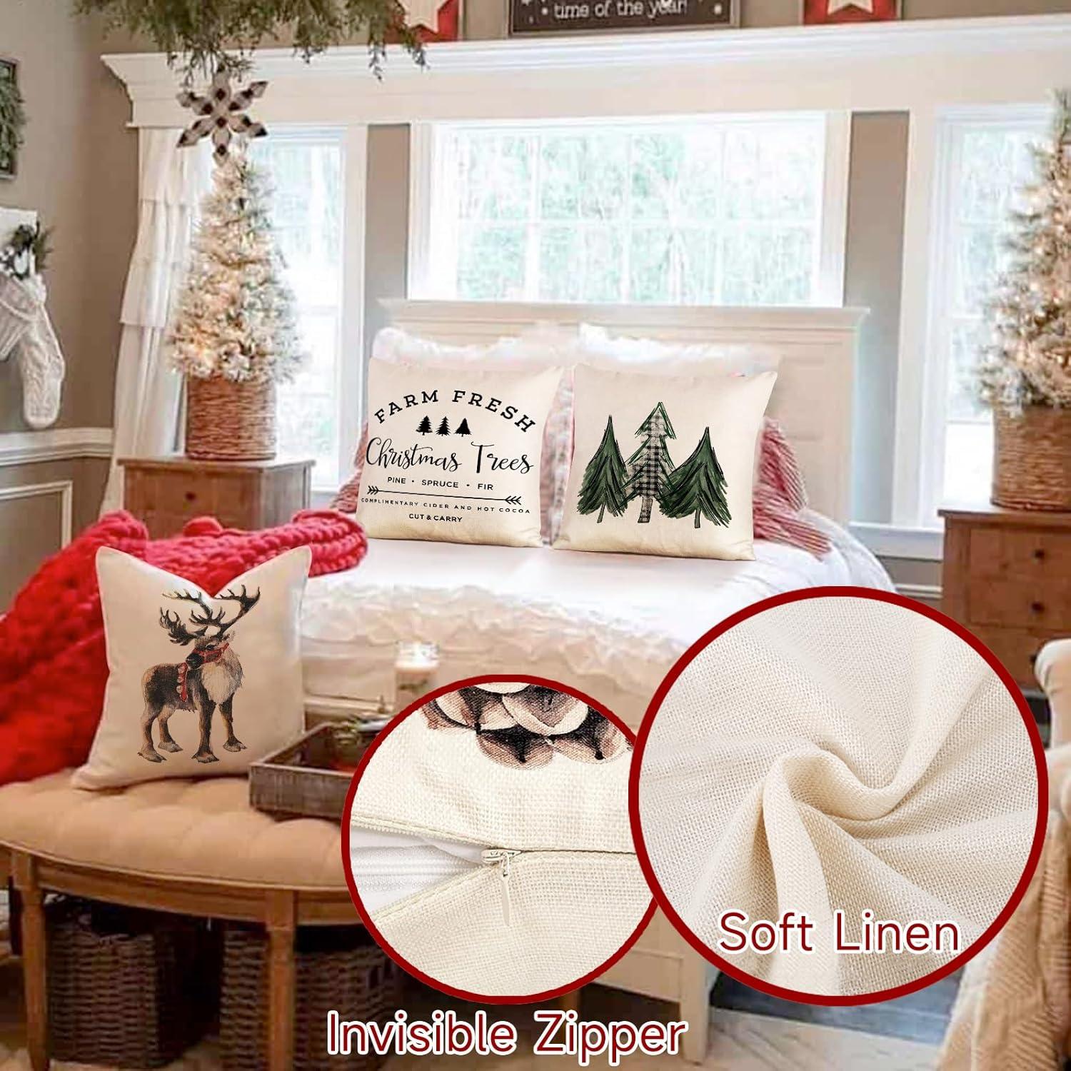Weihnachten Kissenbezug Set Leinen Deko 45x45cm 4er Sofa Schlafzimmer