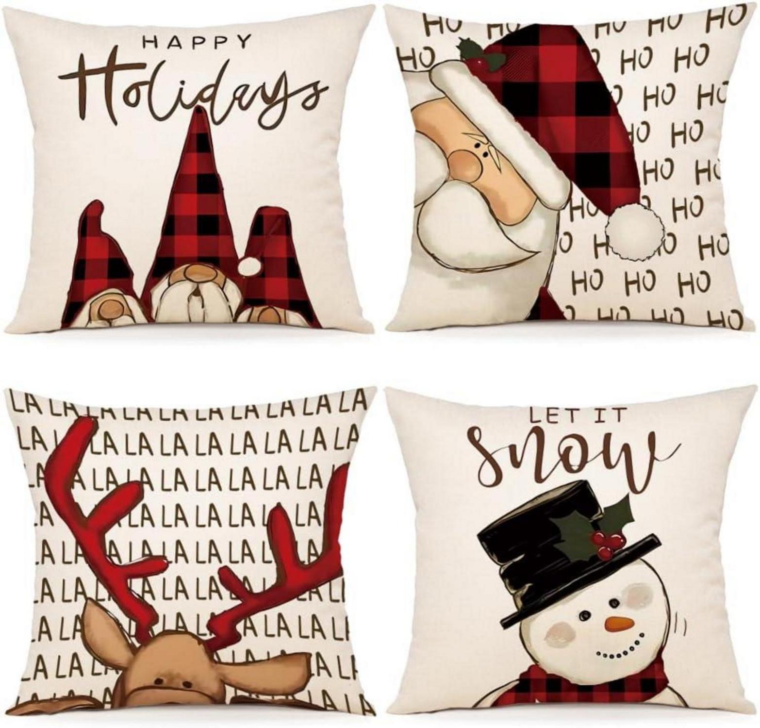 Weihnachten Kissenbezug Set Leinen Dekokissen 45x45cm 4er Pack
