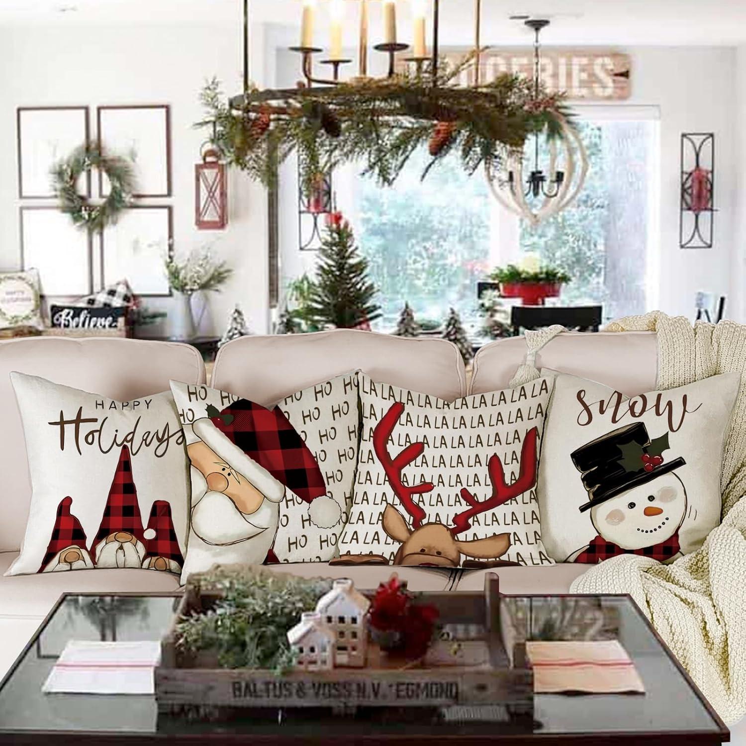 Weihnachten Kissenbezug 45x45 Leinen 4er Set Deko Sofa Couch