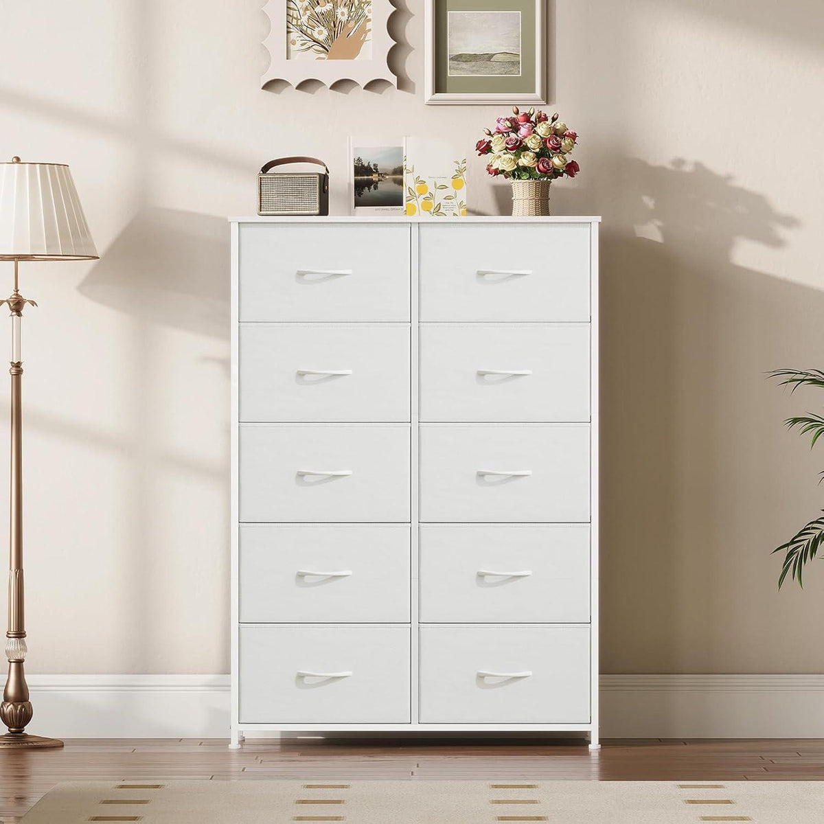 Kommode mit 10 Stoffschubladen, Weiß – Schlafzimmer Organizer