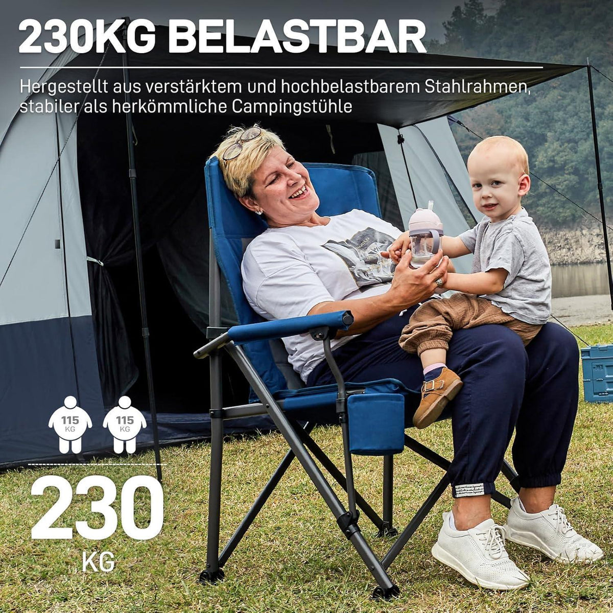 XL Campingstuhl faltbar 230kg belastbar mit Getränkehalter Blau