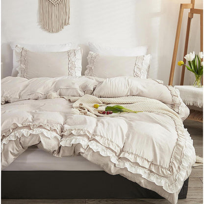 Bettwäsche-Set 200x220 cm, Rüschenoptik, Beige, 3-teilig