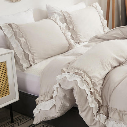 Bettwäsche-Set 200x220 cm, Rüschenoptik, Beige, 3-teilig