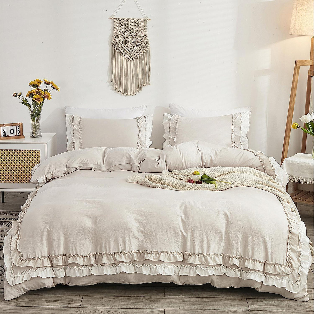 Bettwäsche-Set 200x220 cm, Rüschenoptik, Beige, 3-teilig
