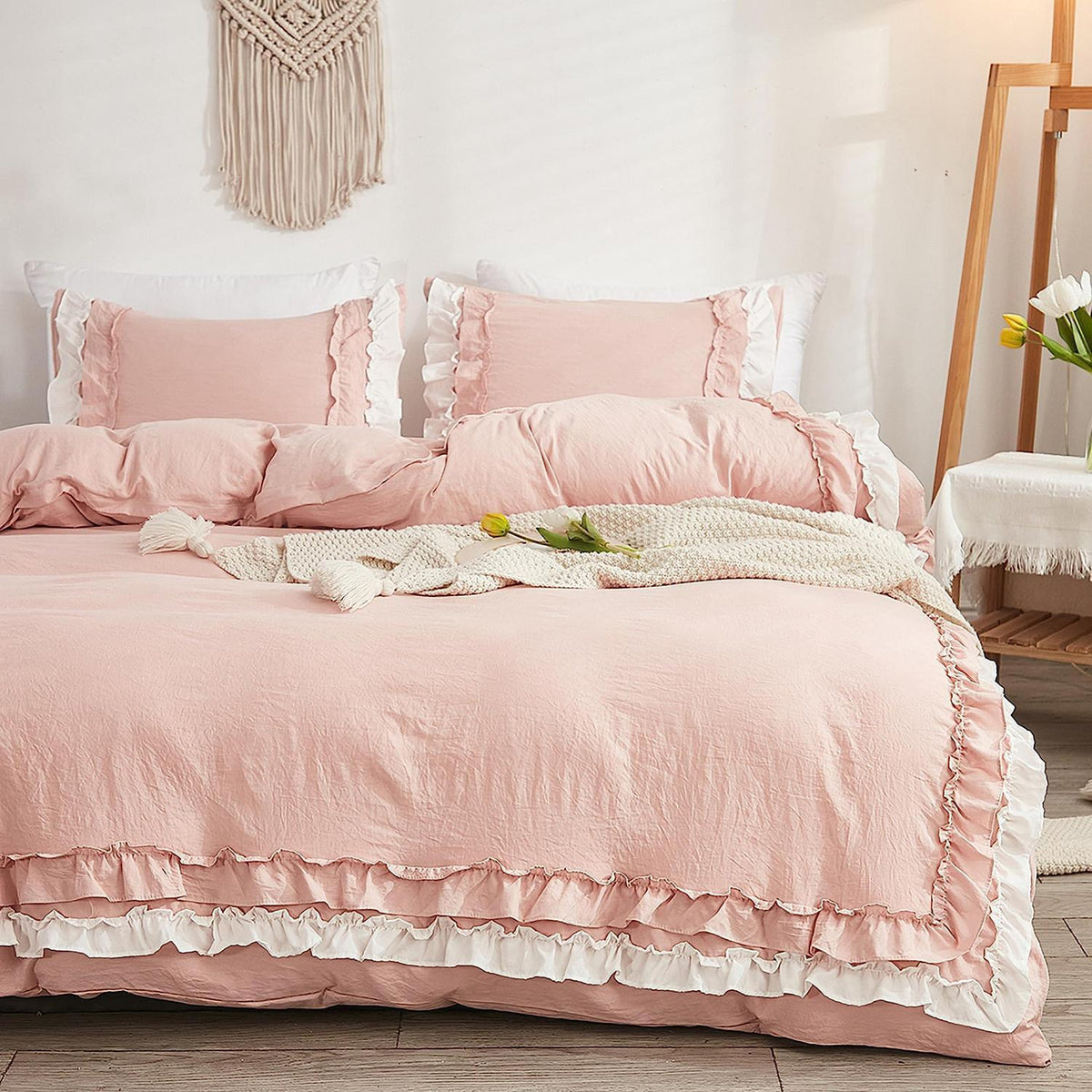 Weiches Rüschen Bettwäsche Set Rosa Weiß 155x220 + 80x80 cm