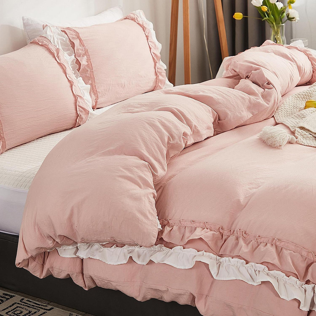 Weiches Rüschen Bettwäsche Set Rosa Weiß 155x220 + 80x80 cm