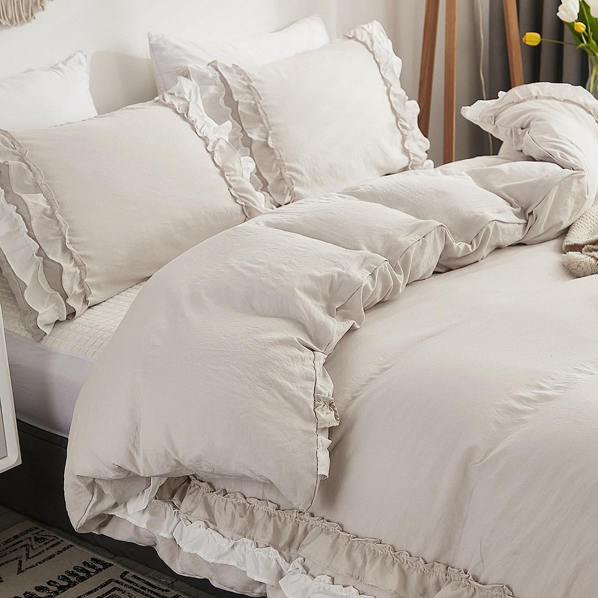 Bettwäsche-Set 135x200 Rüschen Mikrofaser 4-teilig Beige