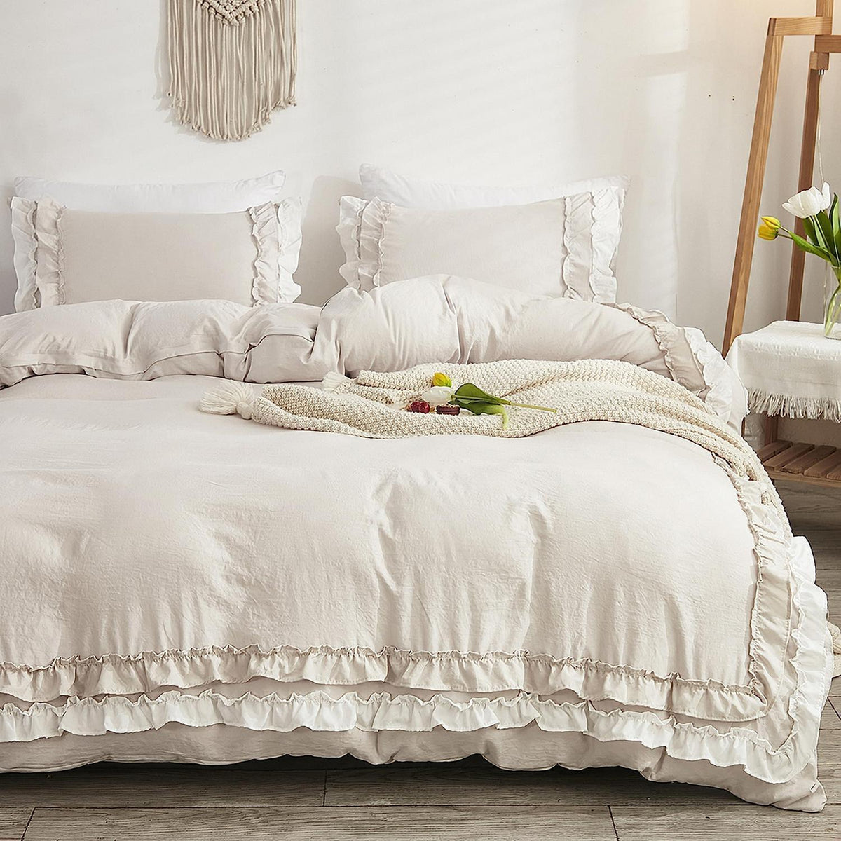 Romantische Rüschen Bettwäsche 135x200 Beige Mikrofaser Bettbezug Set