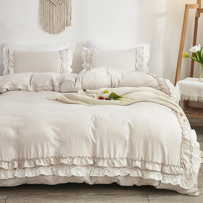 Romantische Rüschen Bettwäsche 135x200 Beige Mikrofaser Bettbezug Set