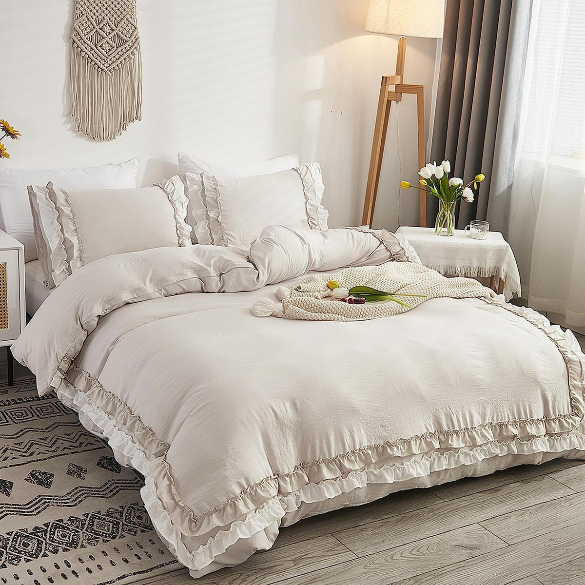 Romantische Rüschen Bettwäsche 135x200 Beige Mikrofaser Bettbezug Set