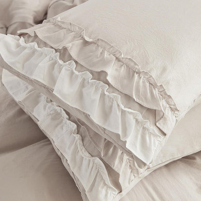 Romantische Rüschen Bettwäsche 135x200 Beige Mikrofaser Bettbezug Set