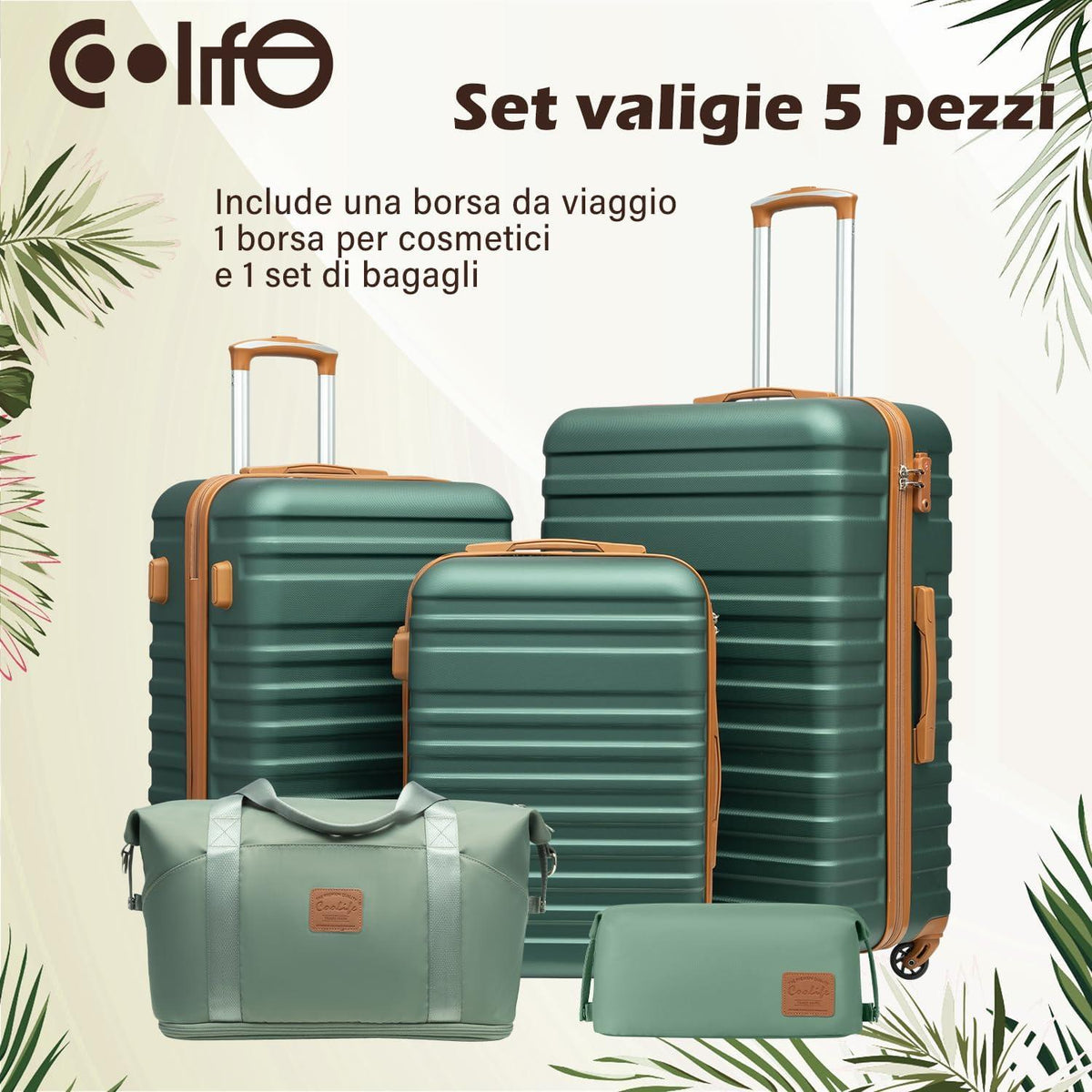 COOLIFE Hartschalen Koffer Set 5tlg Dunkelgrün/Braun ABS 4