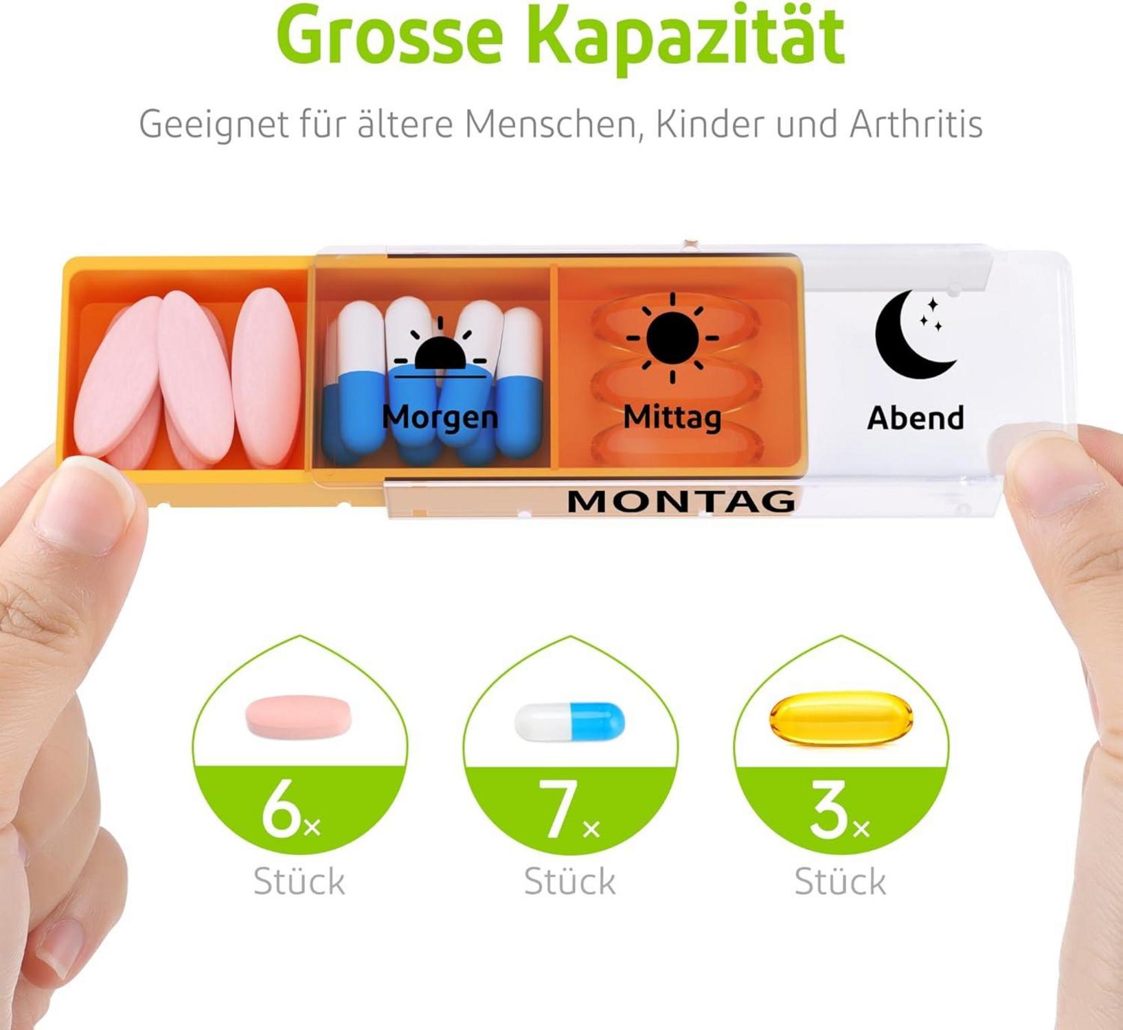 Tablettenbox 7 Tage Organizer Pillendose 3 Fächer Morgens Mittags